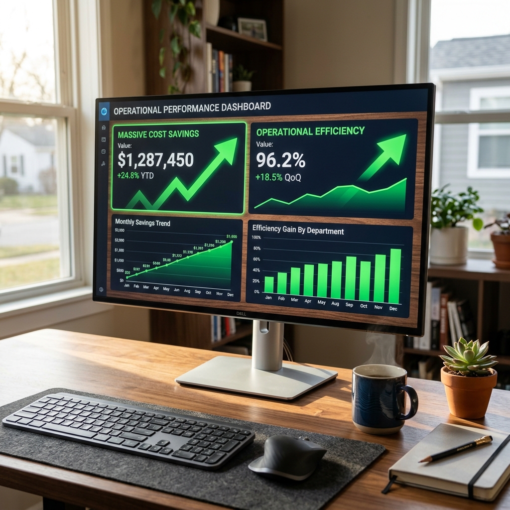 A modern computer monitor displaying a dashboard with upward trending green charts indicating massive cost savings