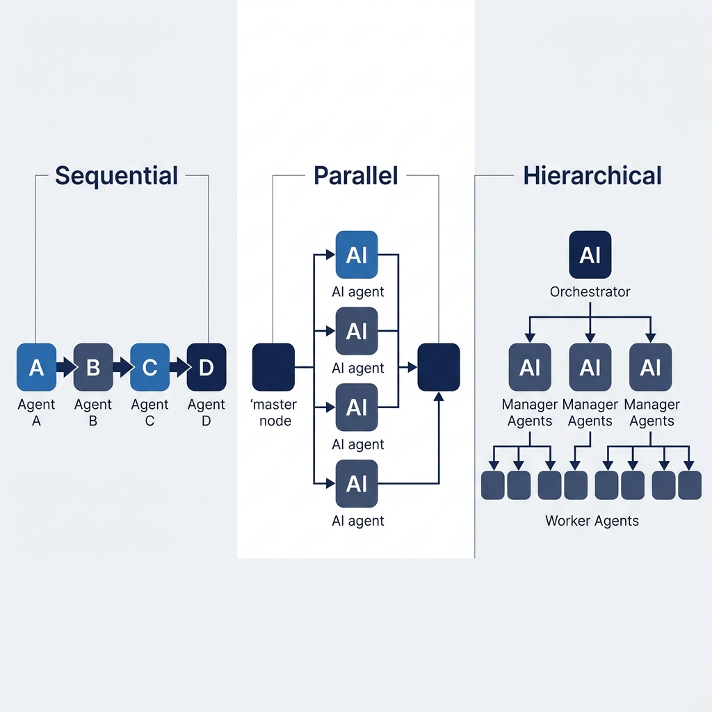 Three orchestration patterns shown side by side: Sequential chain, Parallel fan-out, and Hierarchical tree structure